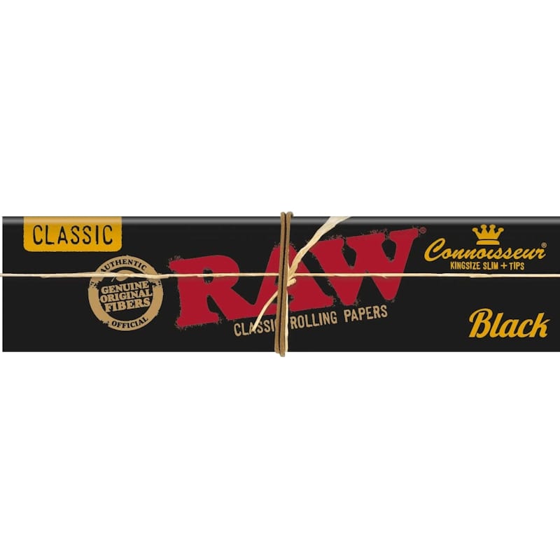 RAW Rolling Papers Connoisseur Black King Size Slim w/ Tips | 24 pcs Display