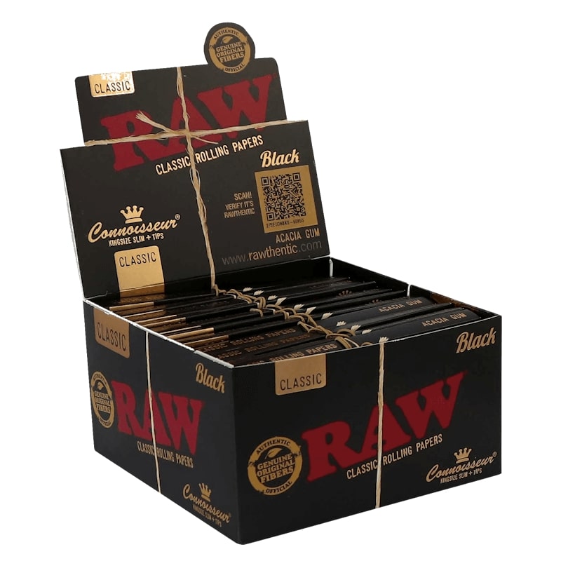 RAW Rolling Papers Connoisseur Black King Size Slim w/ Tips | 24 pcs Display
